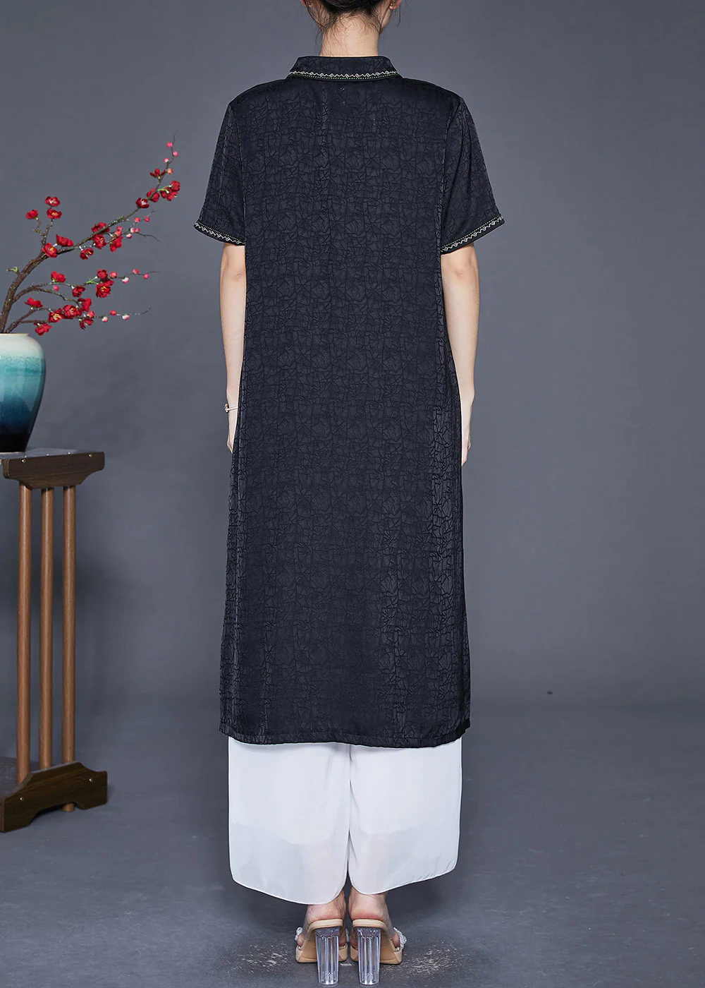 Slim Fit Black Embroideried Applique Silk Dresses Summer - Image 4
