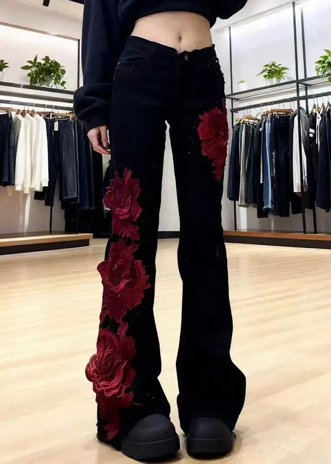 Slim Fit Black High Waist Roses Patchwork Denim Flare Bottoms Spring - Image 4