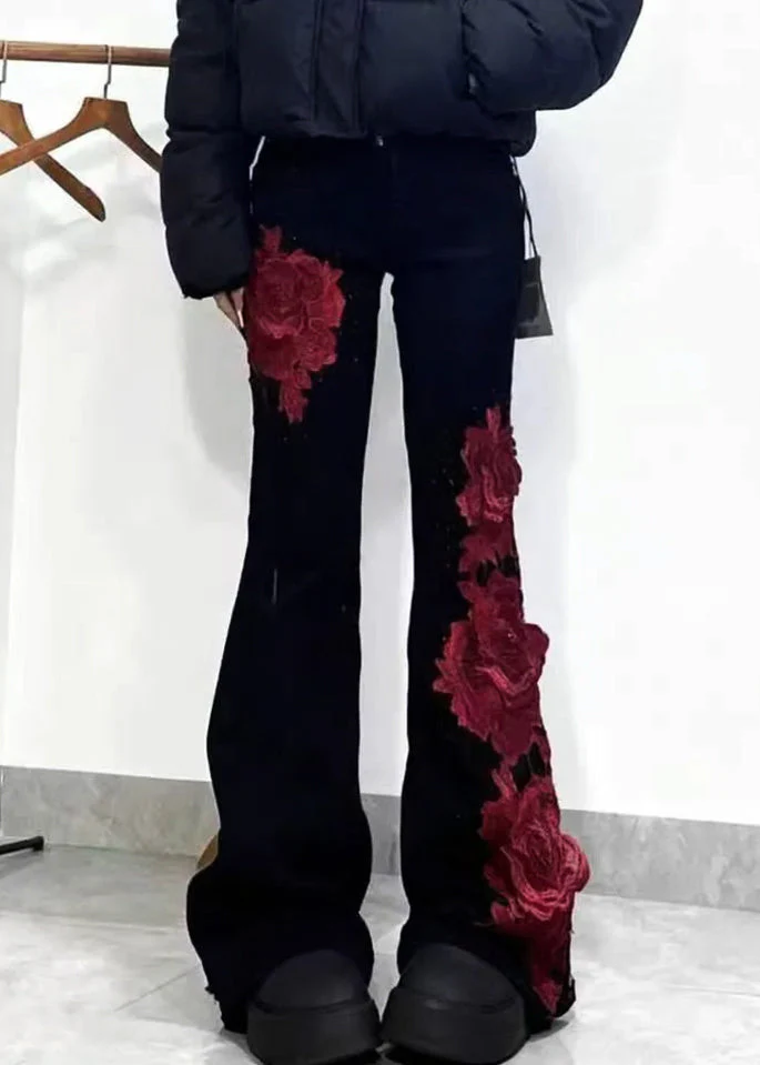 Slim Fit Black High Waist Roses Patchwork Denim Flare Bottoms Spring - Image 5