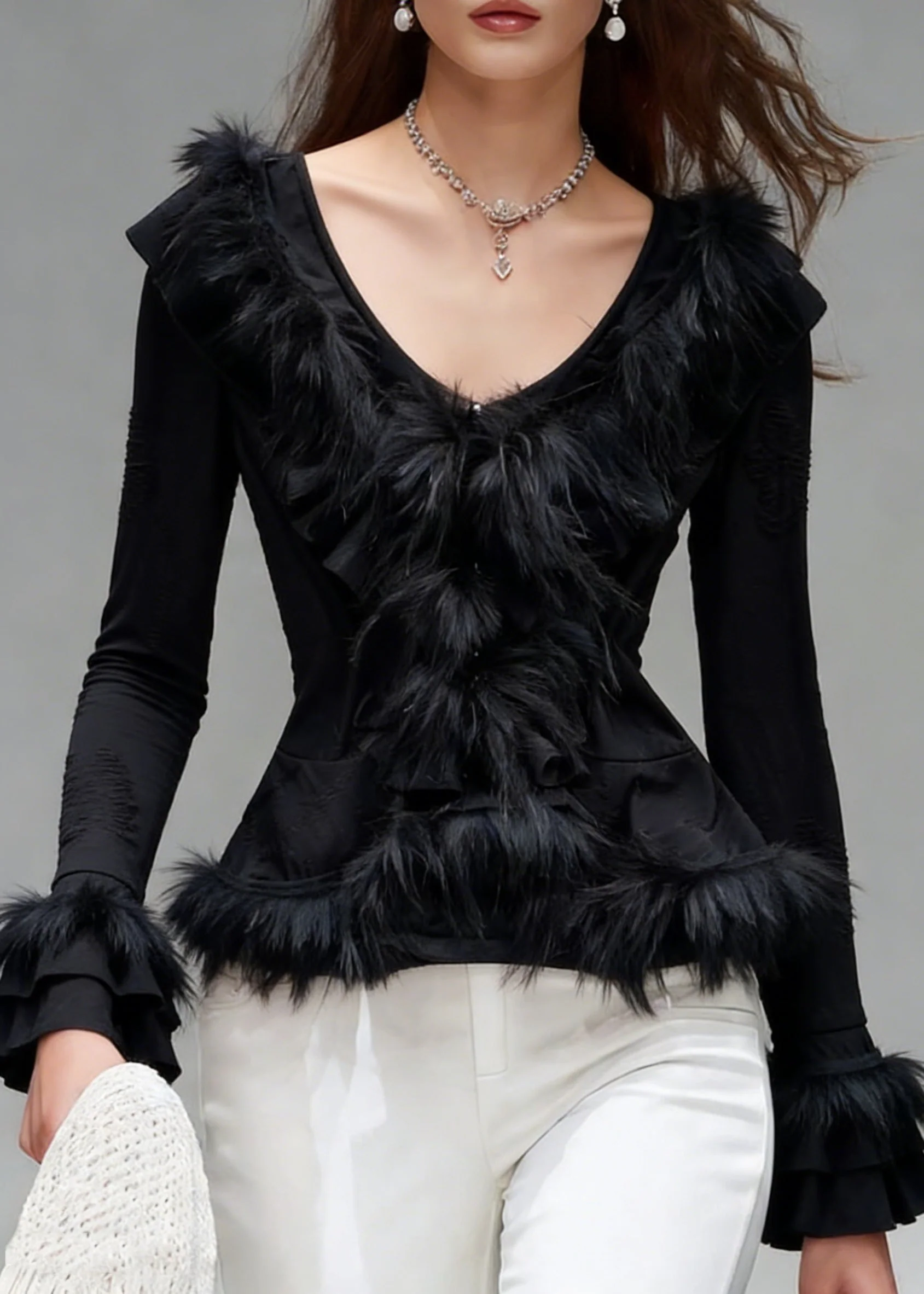 Slim Fit Black Hole Fluffy Patchwork Cotton Shirts Spring - Image 3