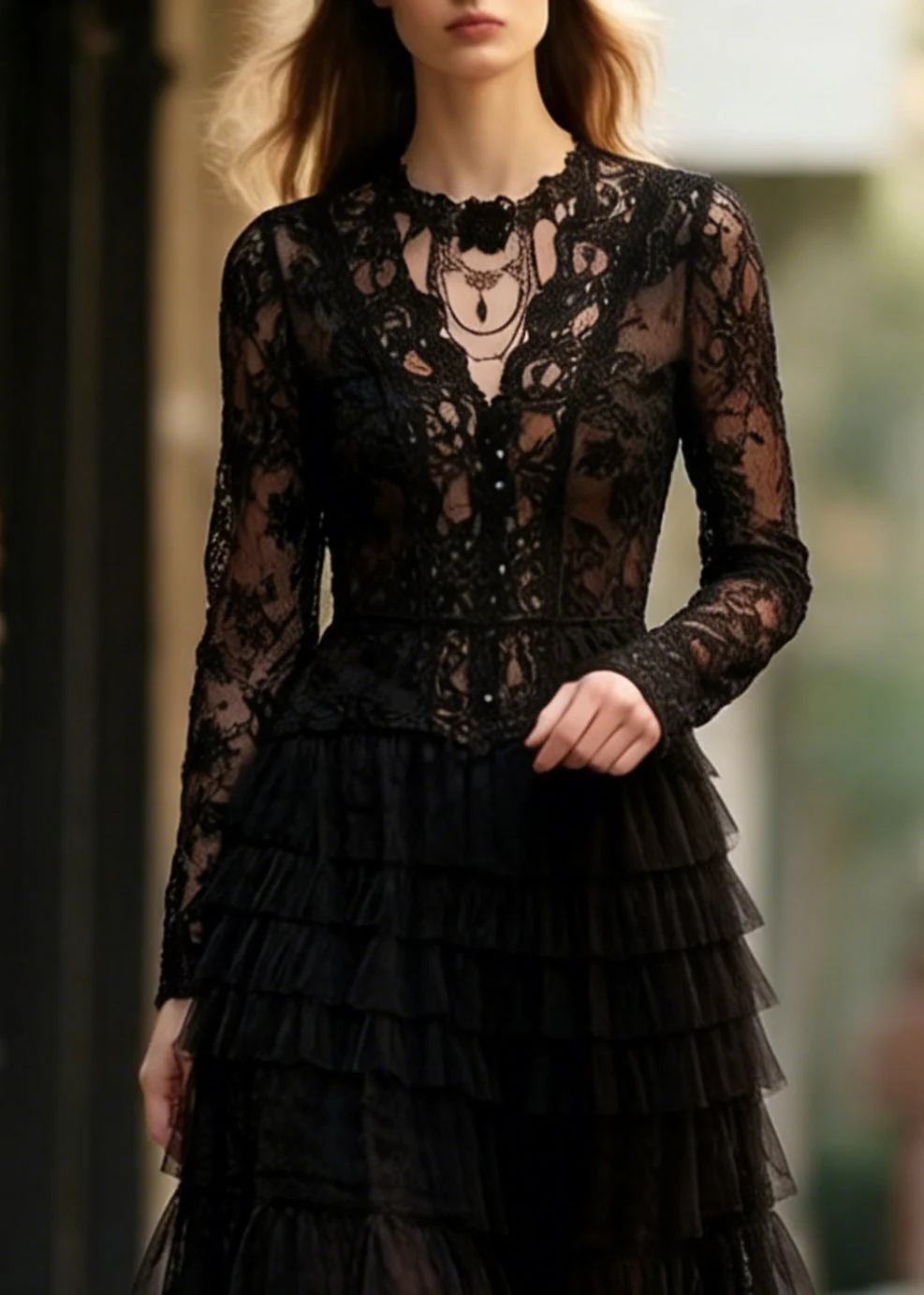 Slim Fit Black Hollow Out Lace Tops And Tulle Skirts Two Pieces Set Spring - Image 2