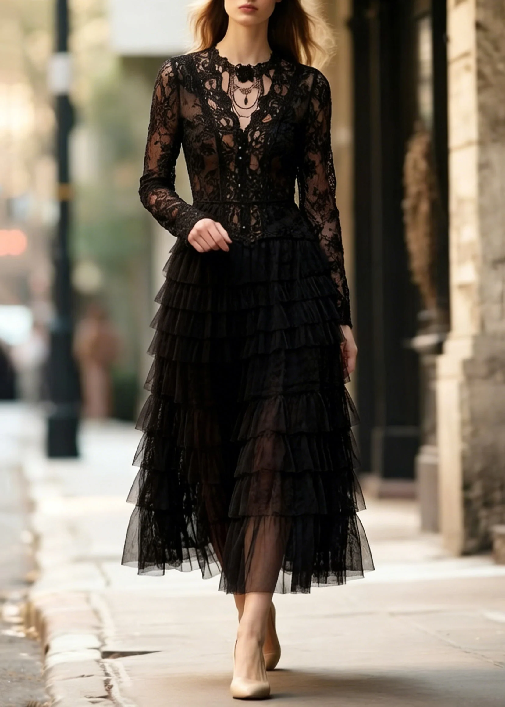 Slim Fit Black Hollow Out Lace Tops And Tulle Skirts Two Pieces Set Spring - Image 3