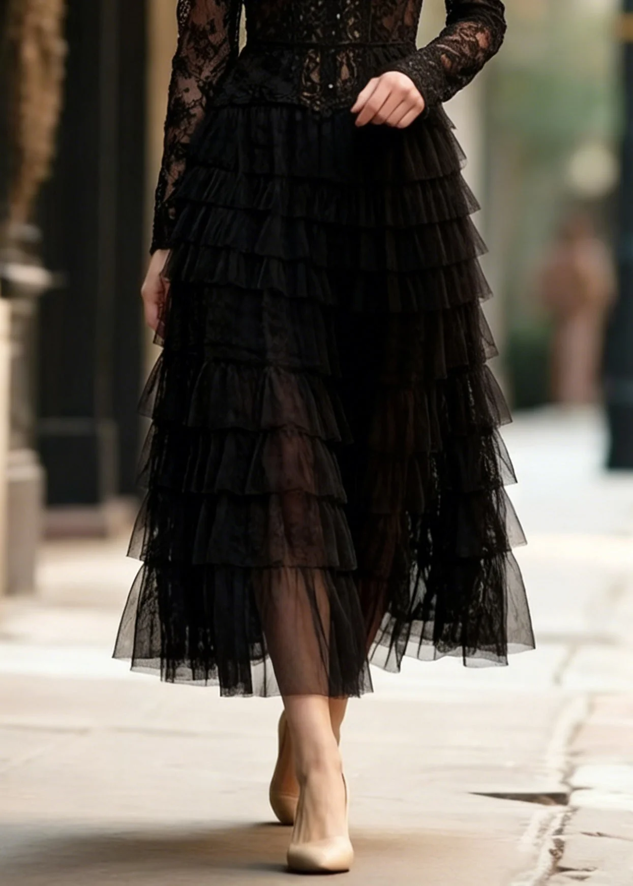 Slim Fit Black Hollow Out Lace Tops And Tulle Skirts Two Pieces Set Spring - Image 4
