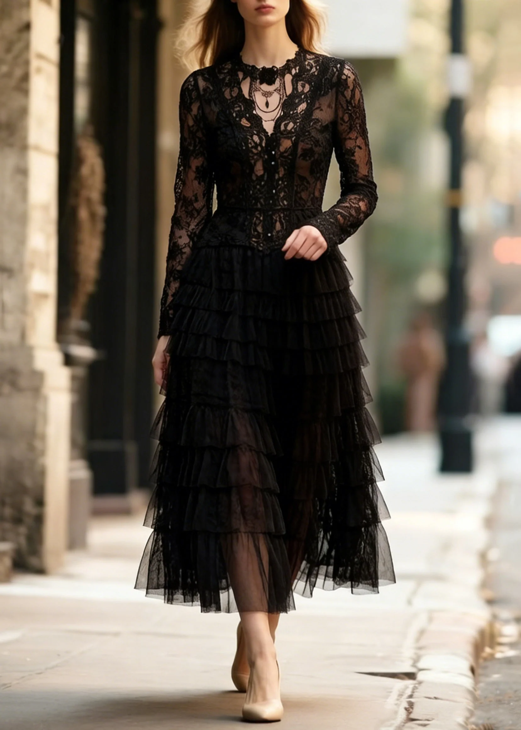 Slim Fit Black Hollow Out Lace Tops And Tulle Skirts Two Pieces Set Spring - Image 5