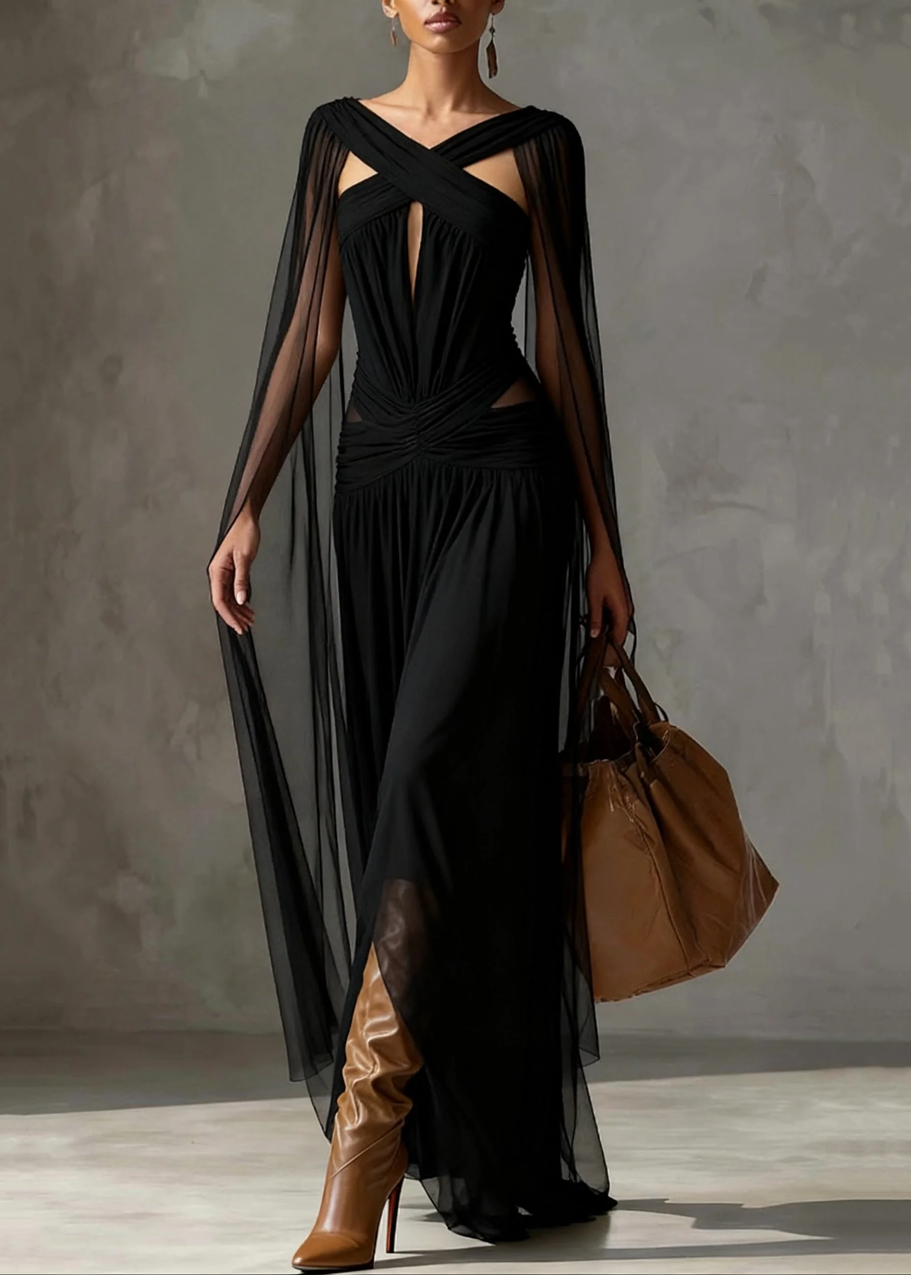 Slim Fit Black Hollow Out Wrinkled Tulle Party Dress Summer - Image 3