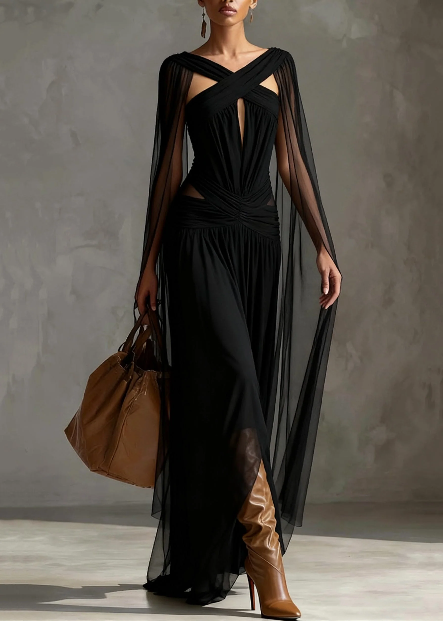 Slim Fit Black Hollow Out Wrinkled Tulle Party Dress Summer - Image 5