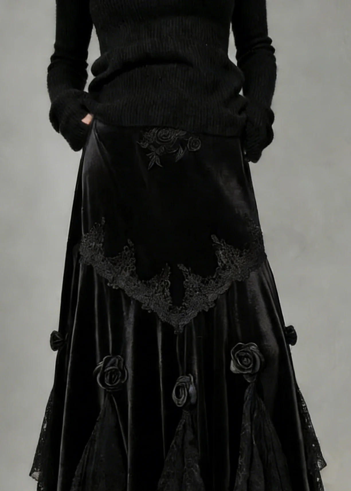 Slim Fit Black Lace Floral Silk Velvet Fish Tail Skirt Spring - Image 2