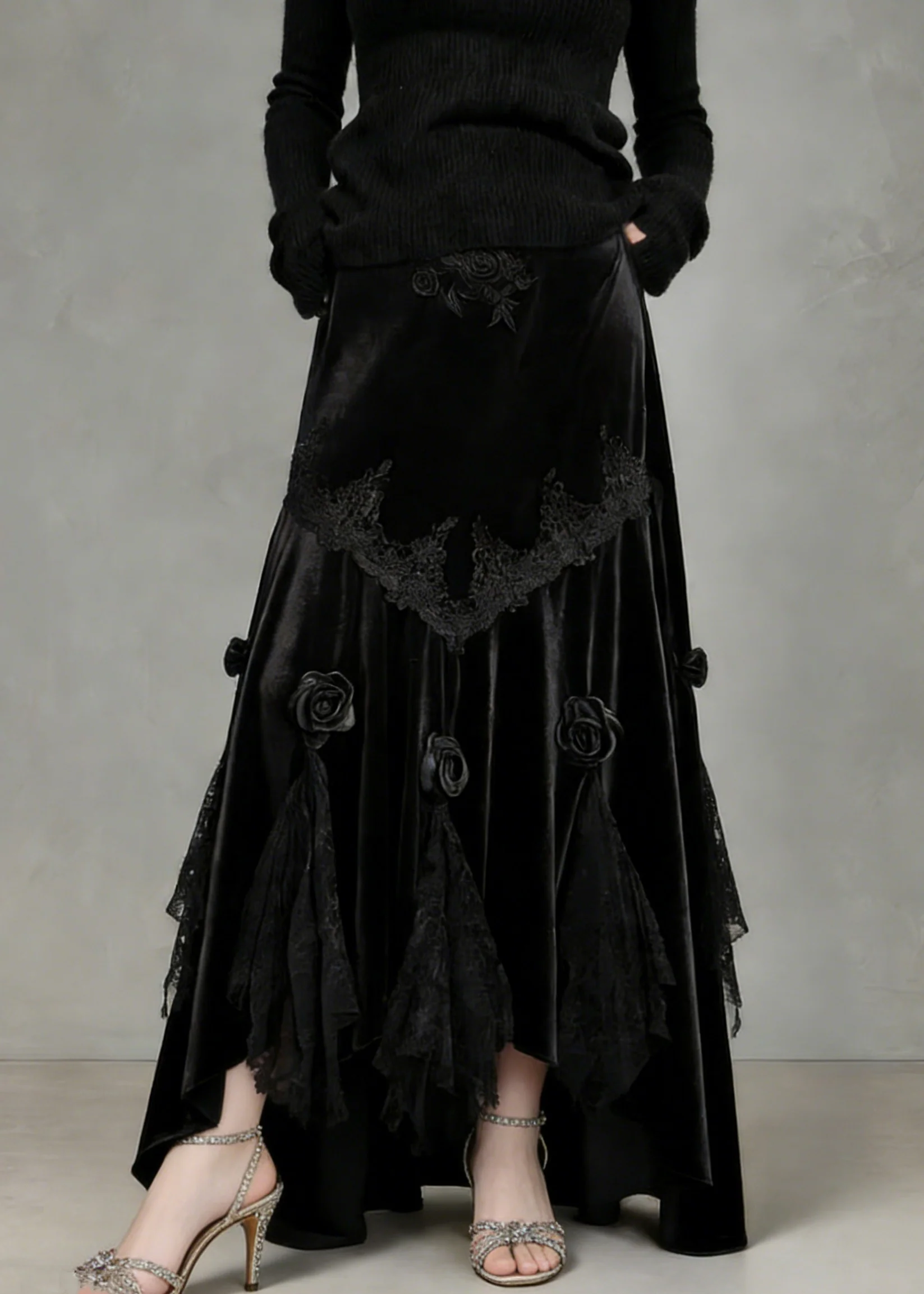 Slim Fit Black Lace Floral Silk Velvet Fish Tail Skirt Spring - Image 3