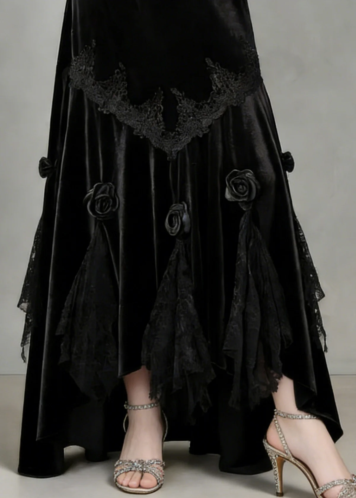 Slim Fit Black Lace Floral Silk Velvet Fish Tail Skirt Spring - Image 4