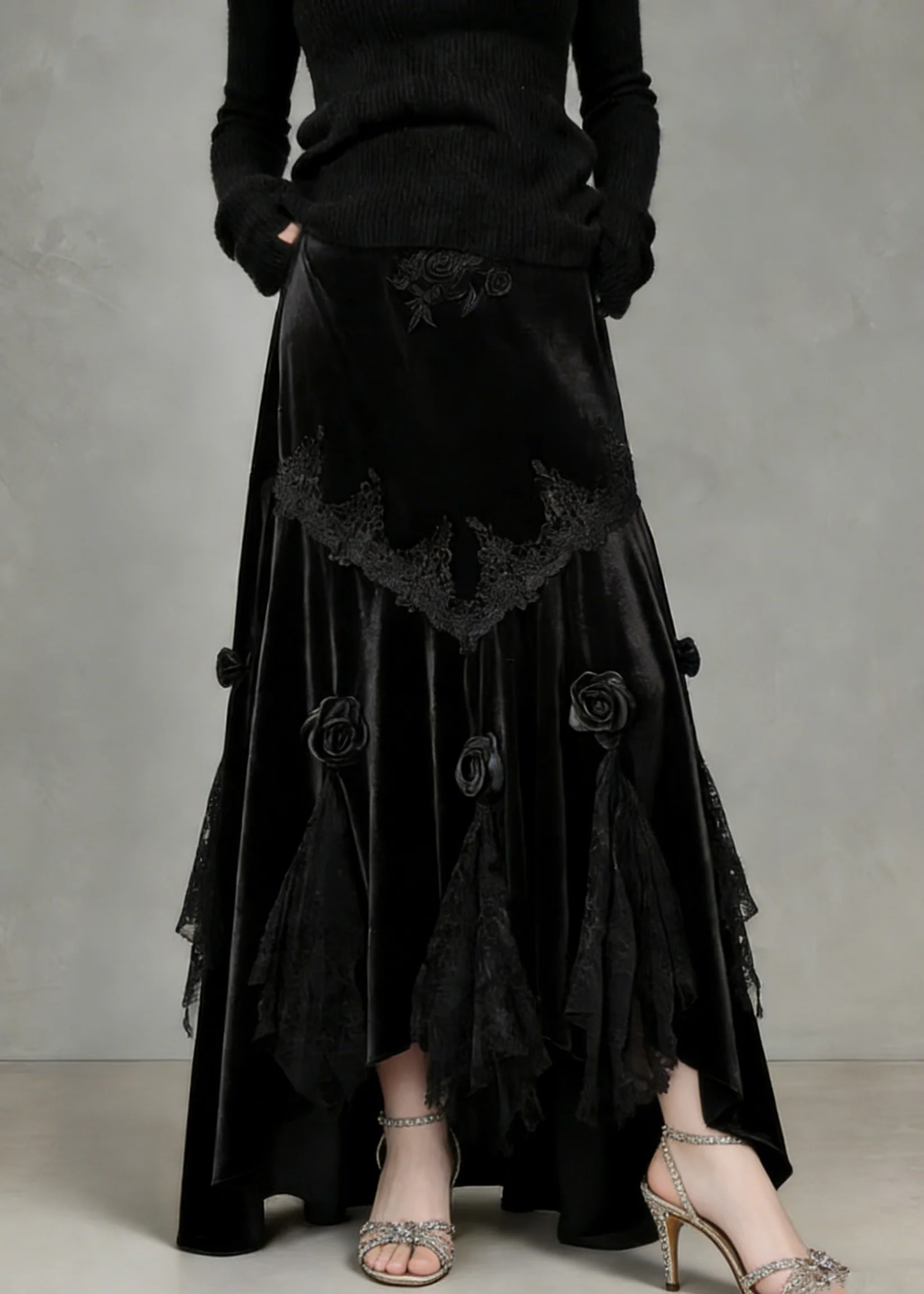 Slim Fit Black Lace Floral Silk Velvet Fish Tail Skirt Spring - Image 5