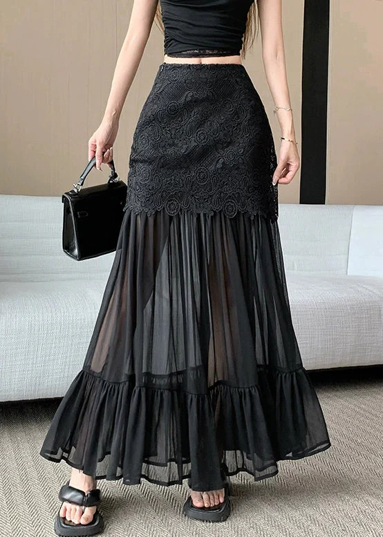Slim Fit Black Lace High Waist Patchwork Tulle Skirts Summer - Image 2