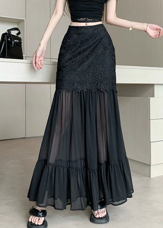 Slim Fit Black Lace High Waist Patchwork Tulle Skirts Summer - Image 3
