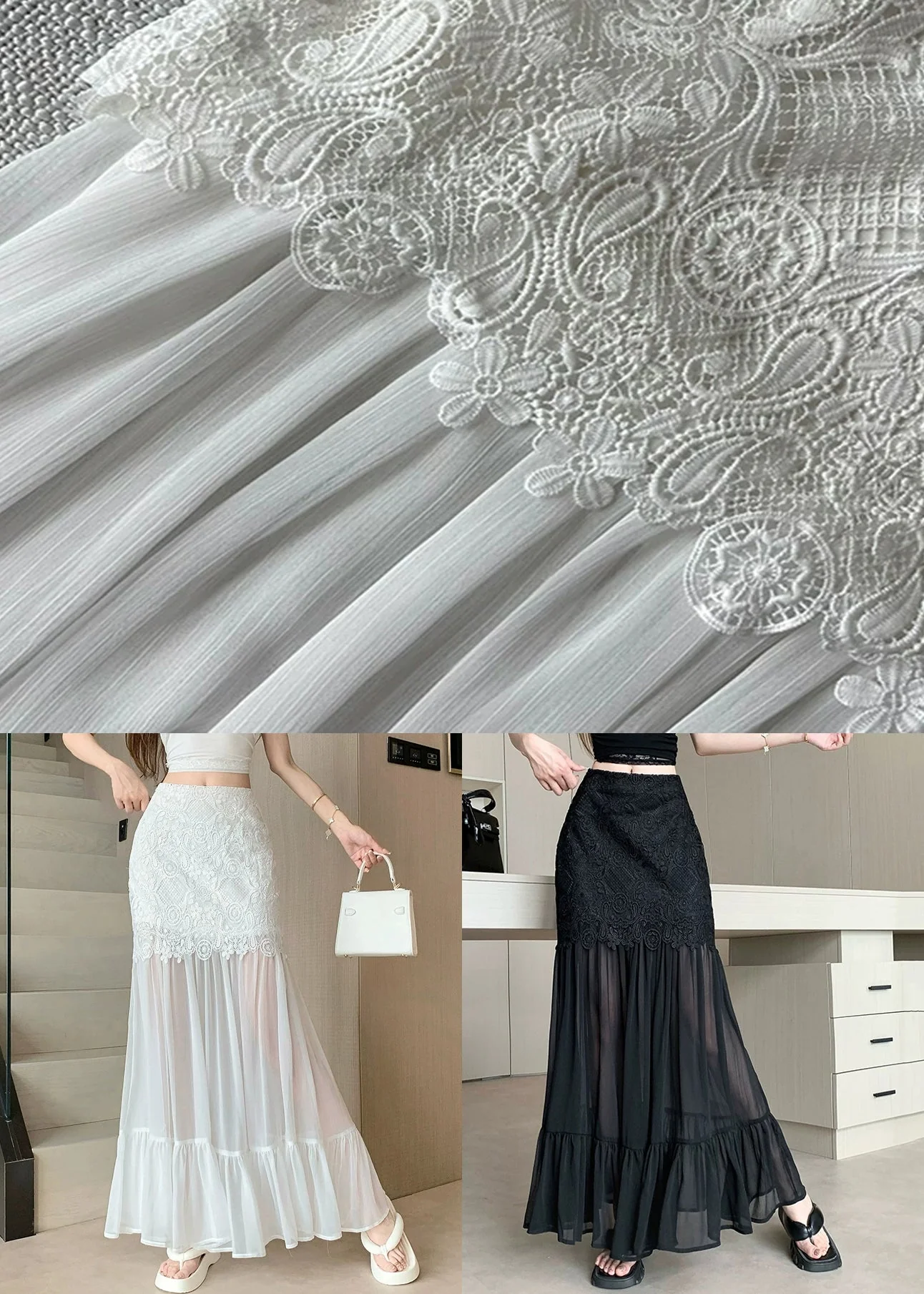 Slim Fit Black Lace High Waist Patchwork Tulle Skirts Summer - Image 5