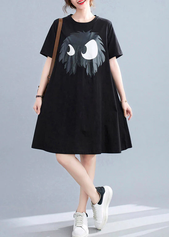 Slim Fit Black O-Neck Appliques A-Line Dresses Short Sleeve - Image 2