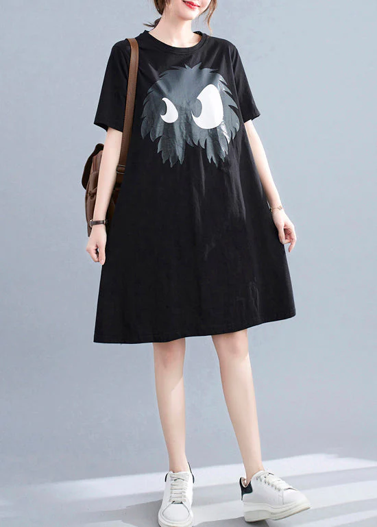 Slim Fit Black O-Neck Appliques A-Line Dresses Short Sleeve - Image 3