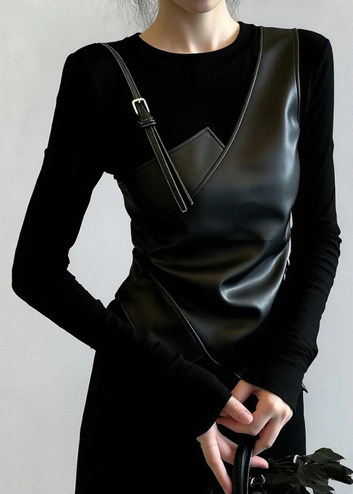 Slim Fit Black O-Neck Faux Leather Patchwork False Two Pieces T Shirt Spring - Image 3
