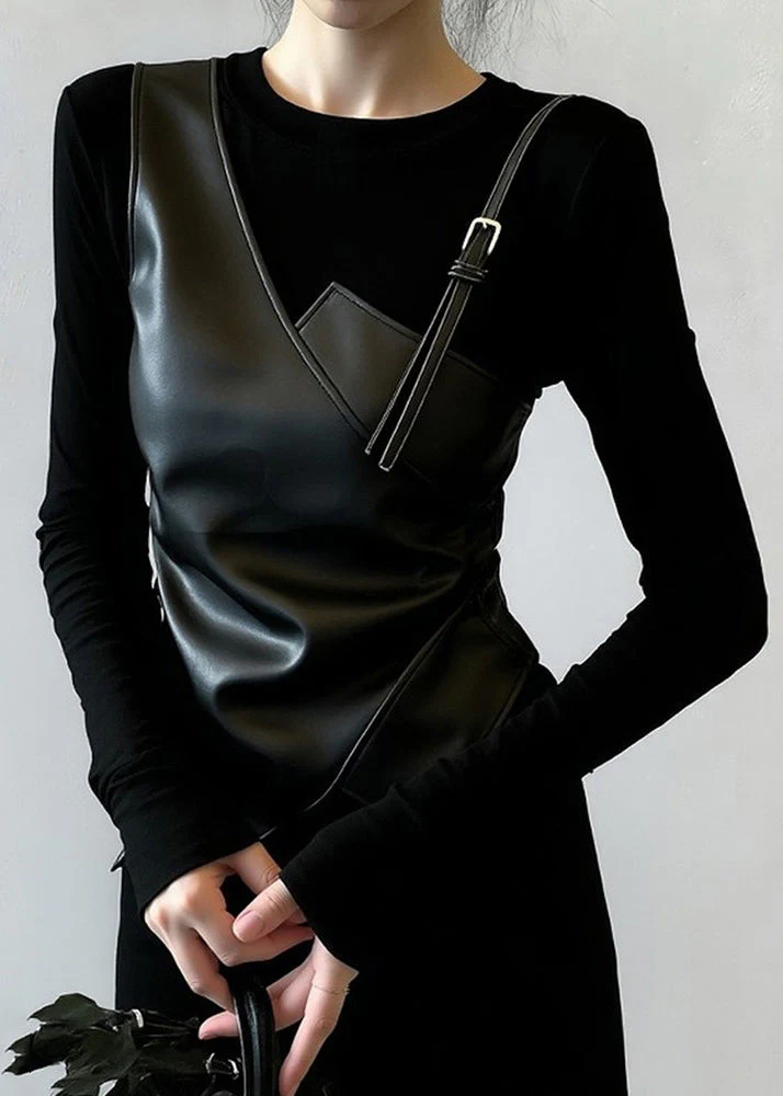 Slim Fit Black O-Neck Faux Leather Patchwork False Two Pieces T Shirt Spring - Image 5