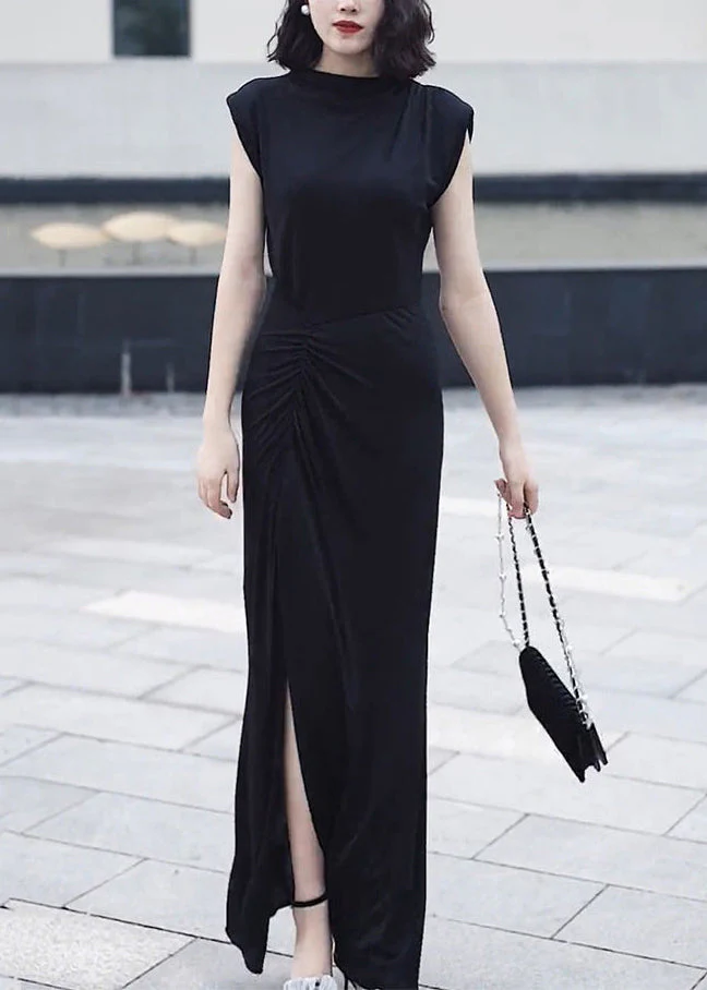 Slim Fit Black O-Neck Front Open Patchwork Chiffon Long Dresses Summer - Image 2