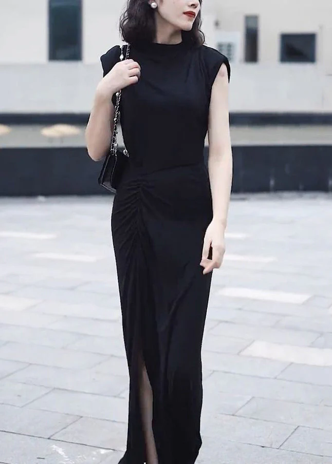 Slim Fit Black O-Neck Front Open Patchwork Chiffon Long Dresses Summer - Image 3