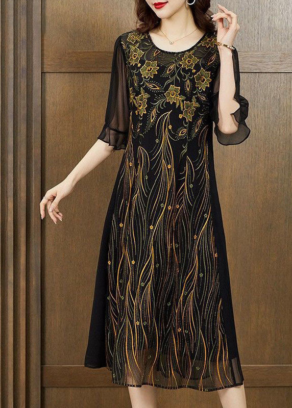 Slim Fit Black O Neck Patchwork Embroideried Silk Dresses Summer - Image 2