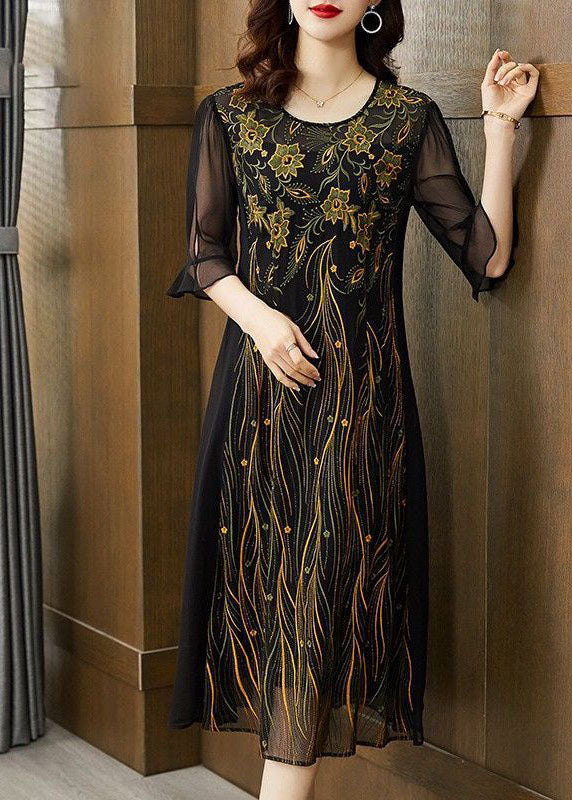 Slim Fit Black O Neck Patchwork Embroideried Silk Dresses Summer - Image 3