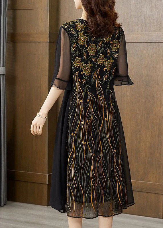 Slim Fit Black O Neck Patchwork Embroideried Silk Dresses Summer - Image 4
