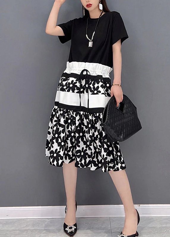 Slim Fit Black O-Neck Print drawstring Patchwork Long Dress Short Sleeve - Image 2