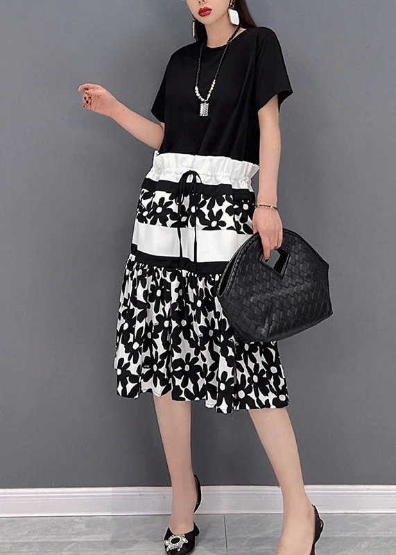 Slim Fit Black O-Neck Print drawstring Patchwork Long Dress Short Sleeve - Image 3