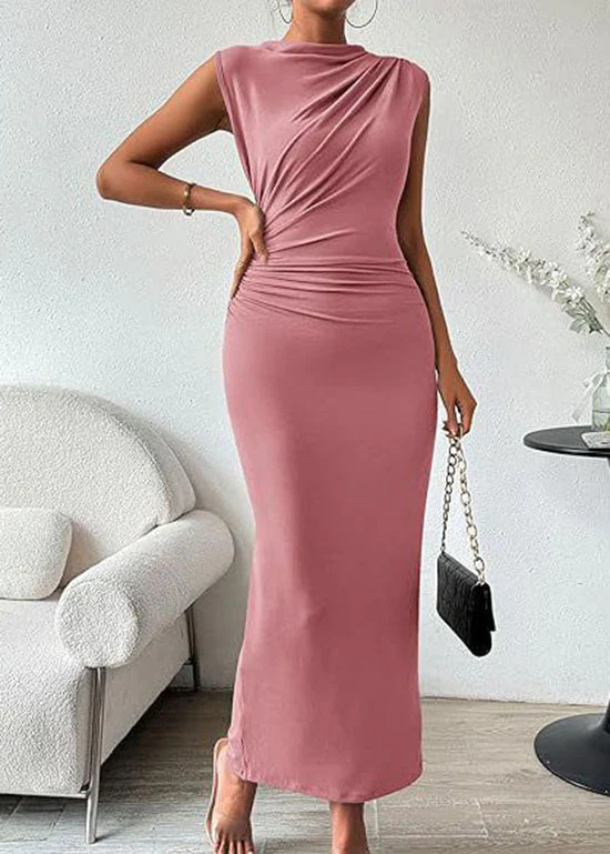 Slim Fit Black O Neck Wrinkled Cotton Dresses Sleeveless - Image 2
