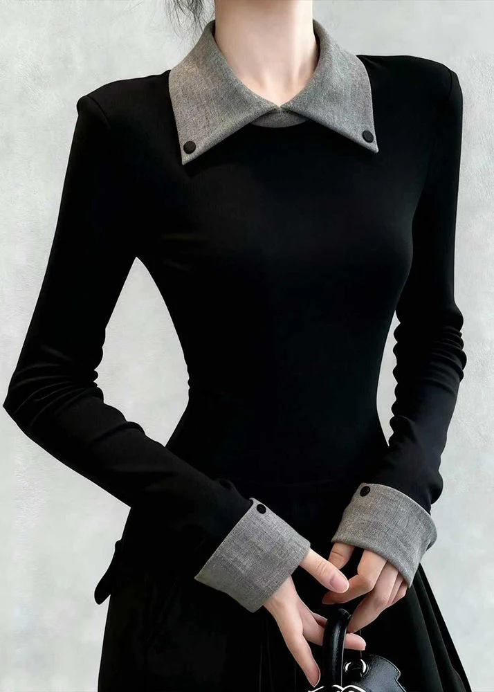 Slim Fit Black Peter Pan Collar False Two Pieces Patchwork Cotton T Shirts Spring - Image 2