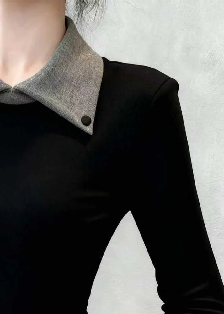 Slim Fit Black Peter Pan Collar False Two Pieces Patchwork Cotton T Shirts Spring - Image 3
