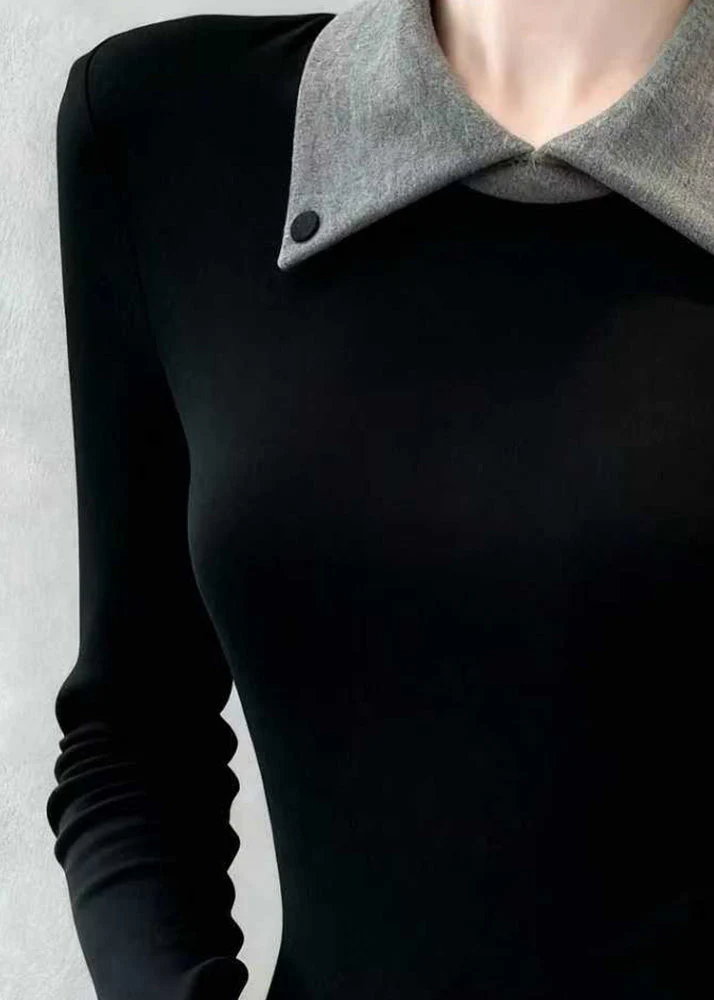 Slim Fit Black Peter Pan Collar False Two Pieces Patchwork Cotton T Shirts Spring - Image 5