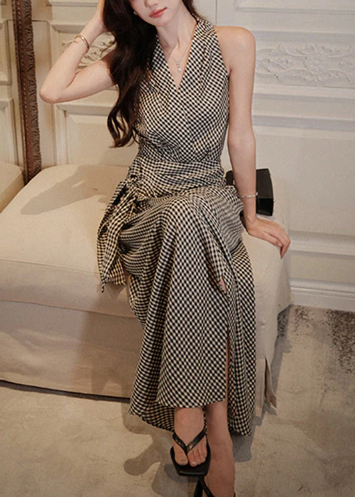 Slim Fit Black Plaid V Neck Side Open Cotton Long Dress Sleeveless - Image 2