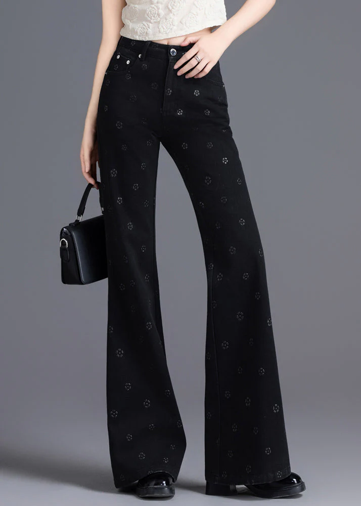 Slim Fit Black Pockets Print Denim Flared Trousers Spring