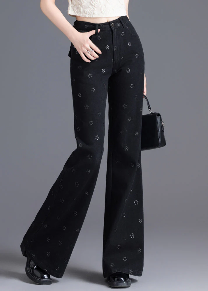 Slim Fit Black Pockets Print Denim Flared Trousers Spring - Image 2