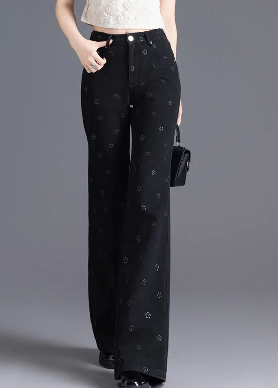 Slim Fit Black Pockets Print Denim Flared Trousers Spring - Image 3