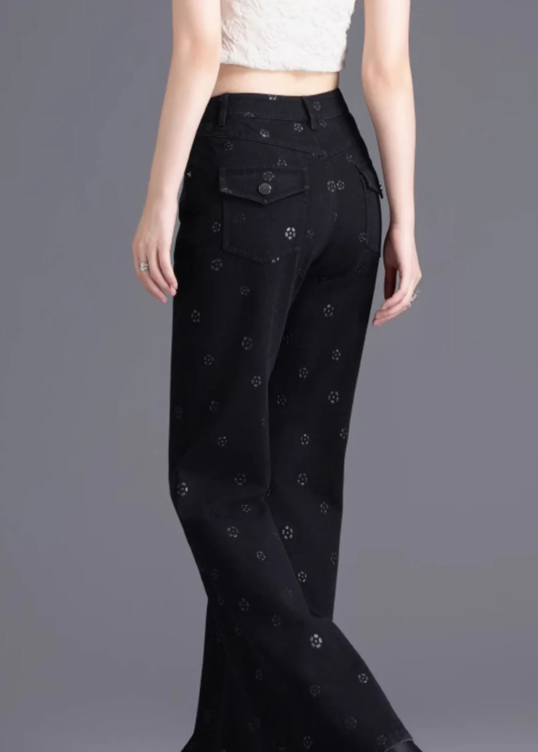 Slim Fit Black Pockets Print Denim Flared Trousers Spring - Image 4