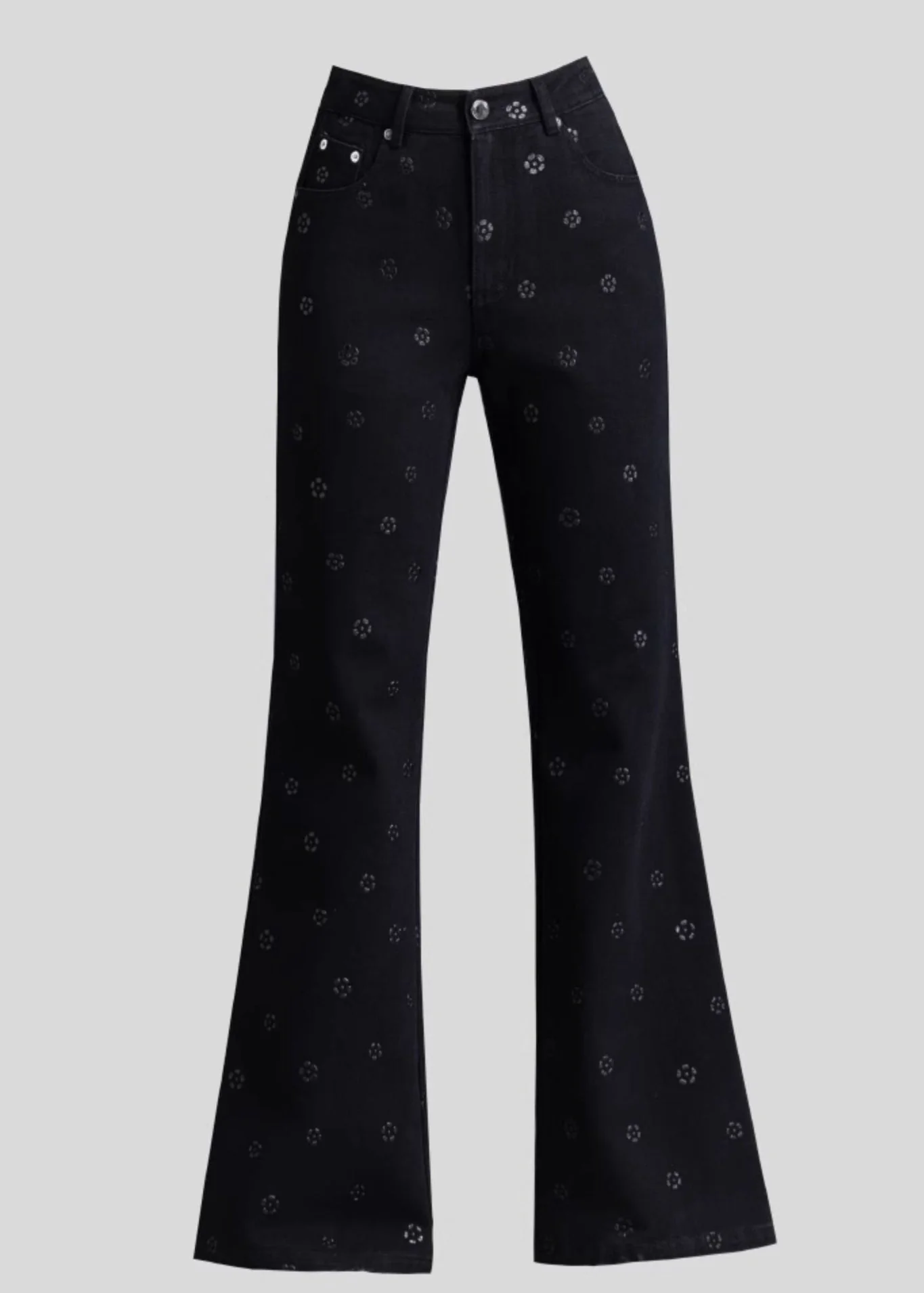 Slim Fit Black Pockets Print Denim Flared Trousers Spring - Image 5