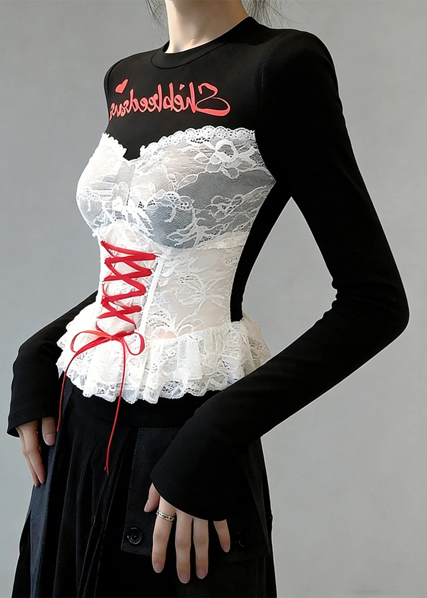 Slim Fit Black Print Lace Patchwork False Two Pieces T Shirt Spring - Image 3