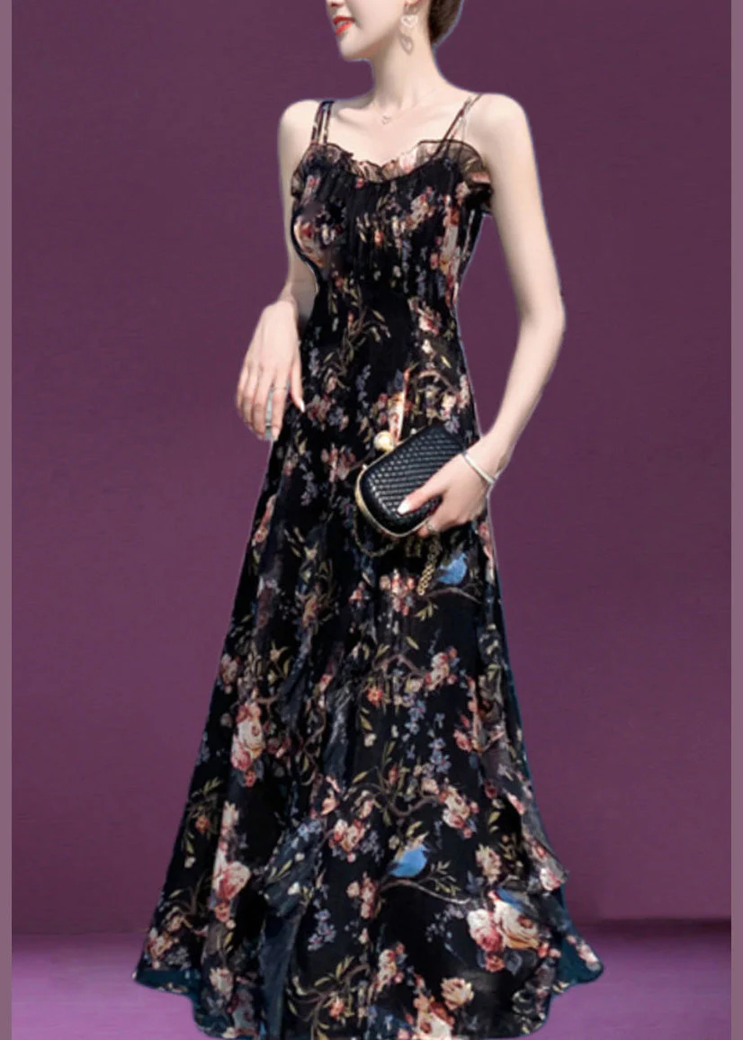 Slim Fit Black Slash Neck Ruffled Print Chiffon Long Slip Dress Summer - Image 2