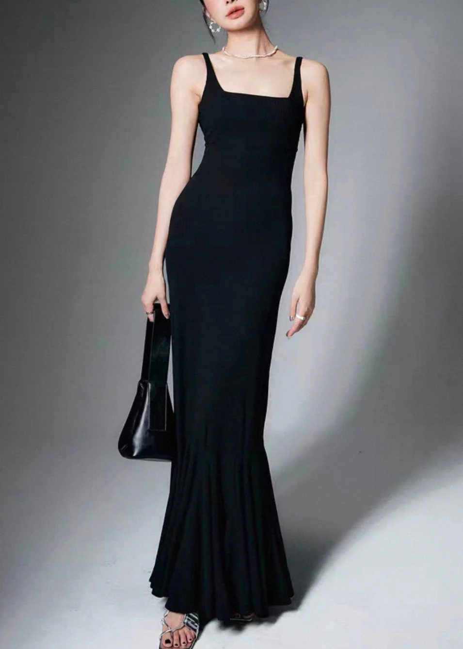Slim Fit Black Square Collar High Waist Cotton Spaghetti Strap Dress Summer - Image 2