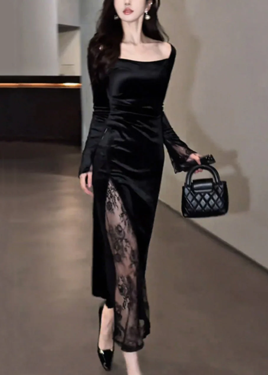 Slim Fit Black Square Collar Lace Patchwork Silk Velvet Long Dress Fall - Image 3