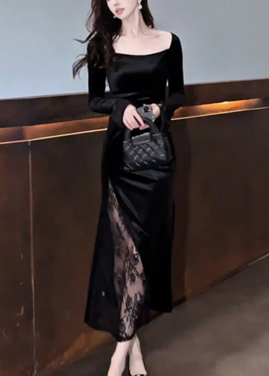 Slim Fit Black Square Collar Lace Patchwork Silk Velvet Long Dress Fall - Image 4