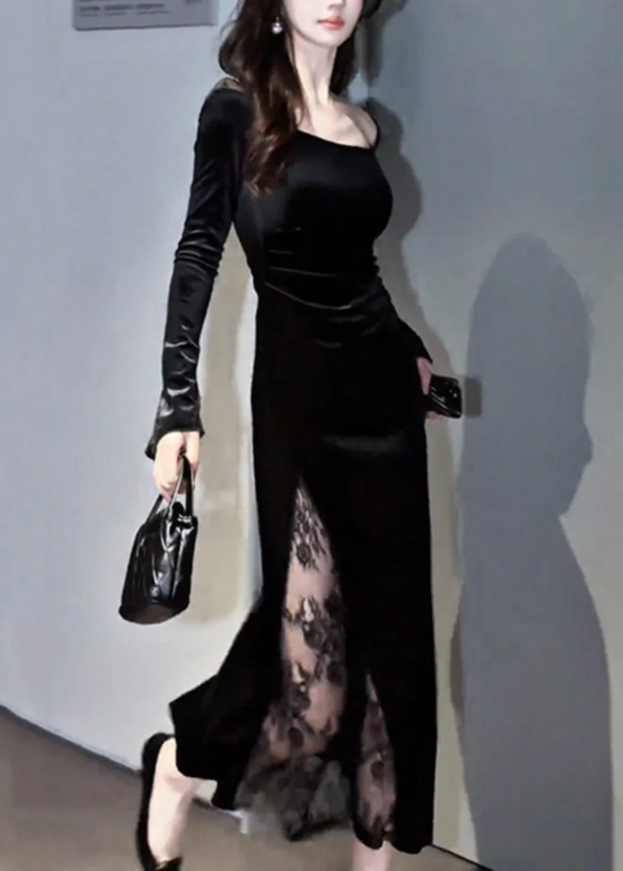 Slim Fit Black Square Collar Lace Patchwork Silk Velvet Long Dress Fall - Image 5