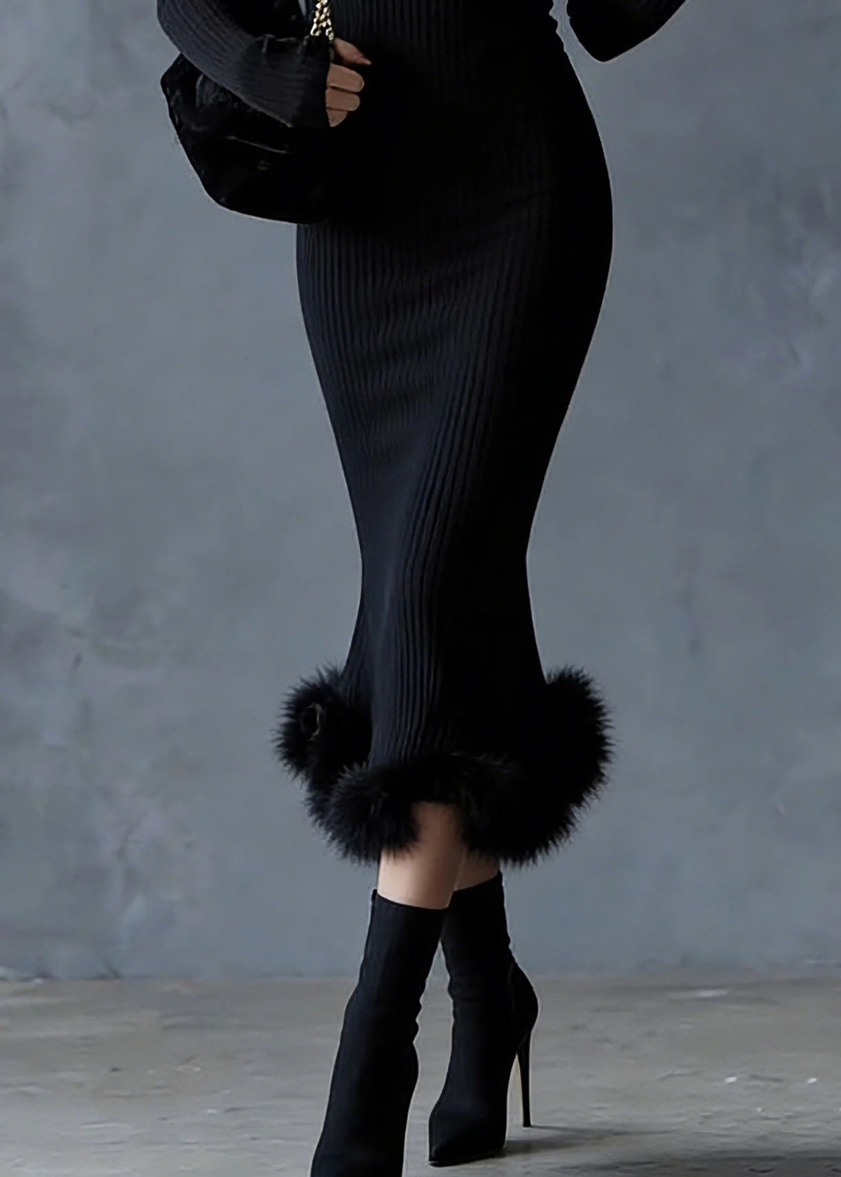 Slim Fit Black Stand Collar Fuzzy Fur Fluffy Patchwork Knit Sweater Dress Spring - Image 4