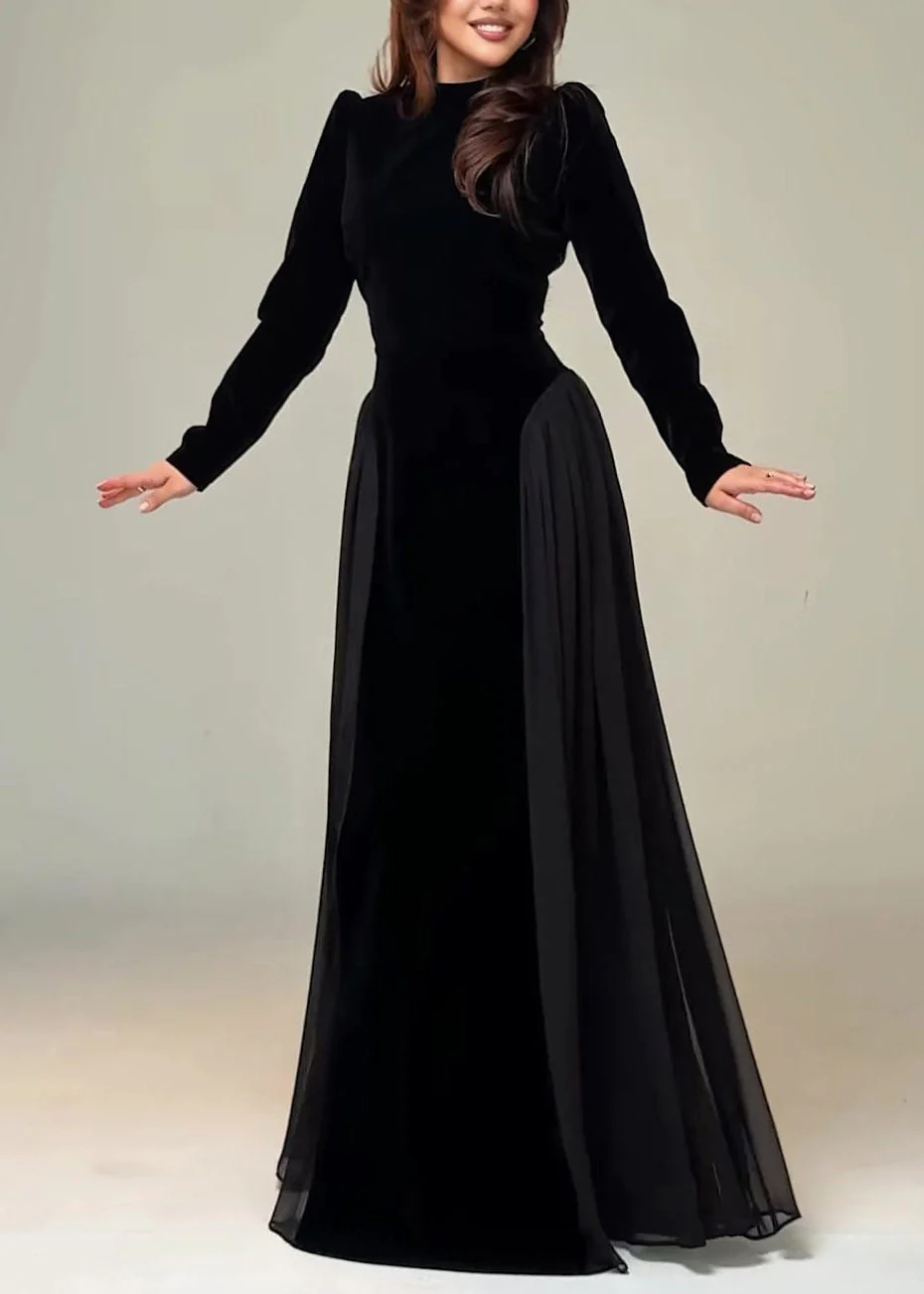 Slim Fit Black Tie Waist Chiffon Patchwork Maxi Dress Spring - Image 4