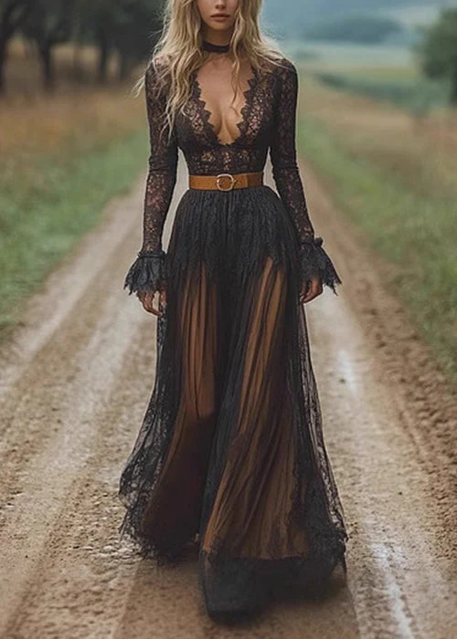 Slim Fit Black V Neck Hollow Out Lace Long Dress Spring - Image 3