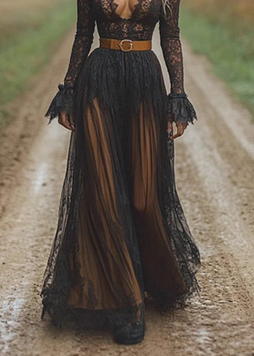 Slim Fit Black V Neck Hollow Out Lace Long Dress Spring - Image 4