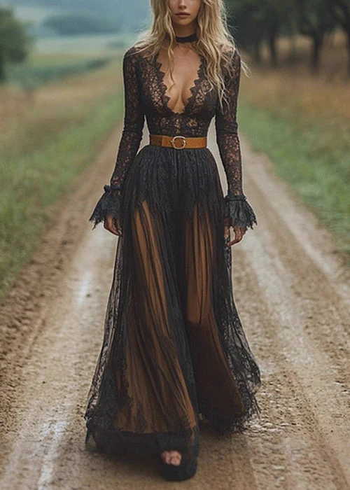 Slim Fit Black V Neck Hollow Out Lace Long Dress Spring - Image 5