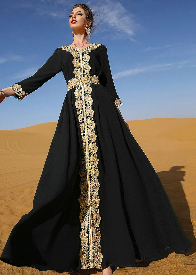 Slim Fit Black V Neck Lace Patchwork Party Maxi Dress Long Sleeve - Image 3